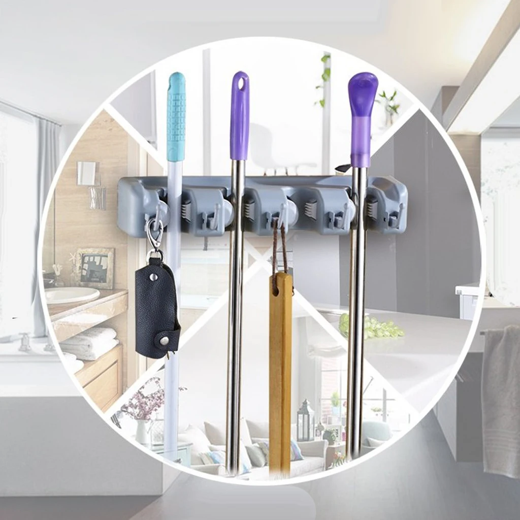 

Mop and Broom Holder Wall Garage Tool Cupboard Organizer Rack 5 Positions with Hooks Garage Shelving System