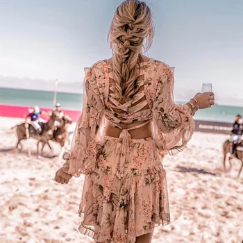

2019 Summer Sexy V-neck Beach Vacation Ruffle Dresses Women Lantern Sleeve Back Lace Up Dress Fashion Floral Print Mini Dress