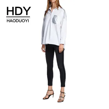 

HDY Haoduoyi 2019 New Women Blouse Boyfriend Wind Asymmetric Hem Metal Stitching Shirt