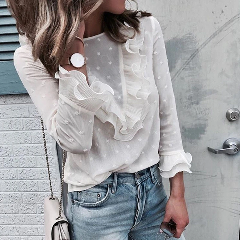 

Women Ladies Casual Ruffle Lace Polka Dot O Neck Shirt Flare 3/4 Sleeve Tops Blouse Womens Clothing Top Blouse Blusas Female