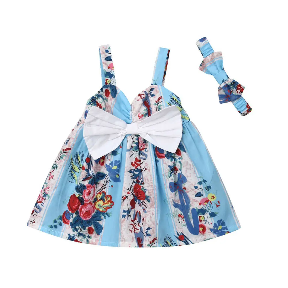 

Princess Infant Kids Baby Girl Sleeveless Bowknot Floral Dress A-line Formal Pageant Party Dresses Headband 2PCS Summer Clothes