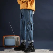 Мужские утепленные мешковатые классические джинсы с карманами черные/синие повседневные штаны-карго штаны высокого качества размер S-2XL