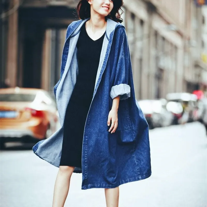 

2019 Spring New Long Batwing Sleeve Woman Denim Coat Fashion Pocket Long Hooded Windbreaker Casual Loose Outerwear