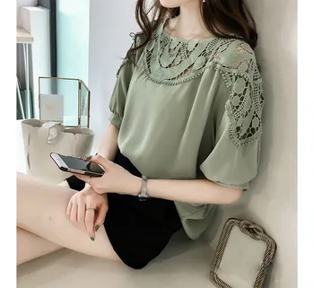 

2019 Fashion Summer Women Hollow Out Lace Blouse Plus Size Chiffon Shirts Patchwork Casual Short Sleeve Tops