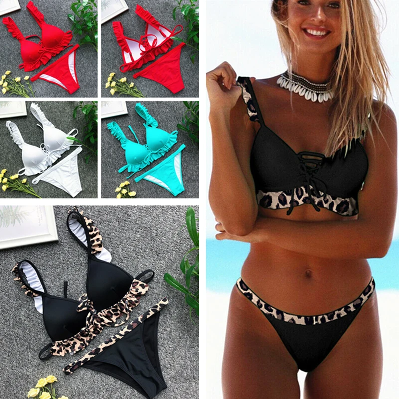 

Ruffles women ladies Biquinis 2pcs bandage bathing swimsuit Sexy Pure color Padded Push-up maillot de bain charming Beach sports