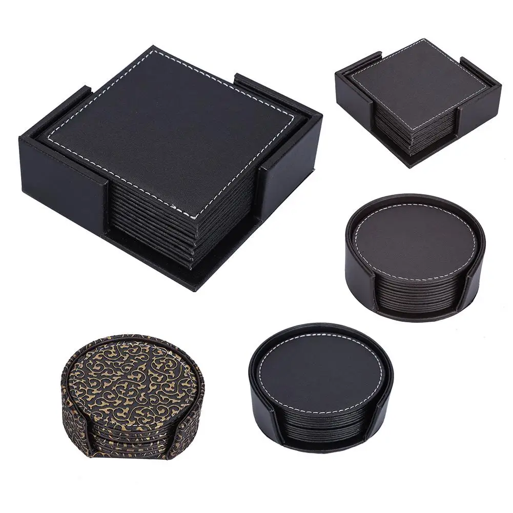 

silicone mat PU Leather Drink Coasters with Holder Set of 6 Coasters for Table Protection placemat for dining table