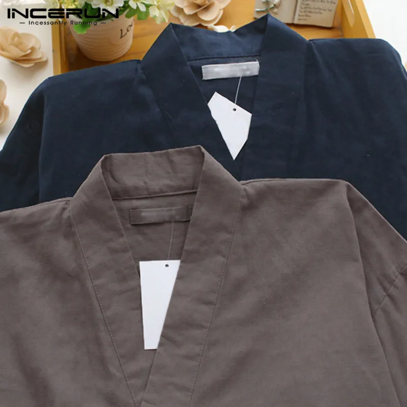 INCERUN 2 шт./компл. модные кимоно Пижама мужской Халат мужские повседневных халатов одежда для сна хлопковые пижамы костюм для мальчиков свободный lightwear