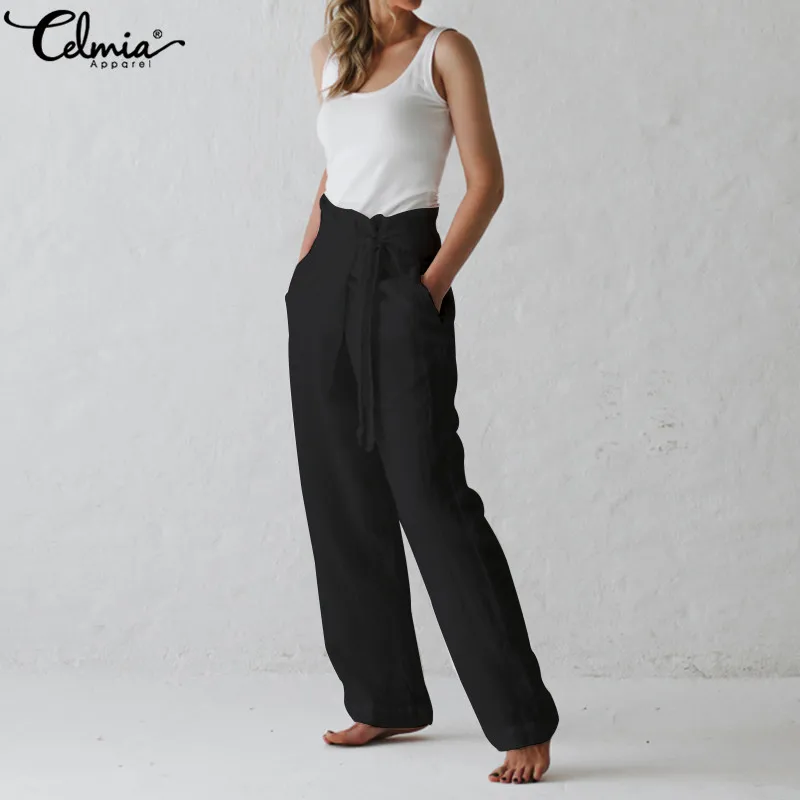 Женские винтажные широкие брюки размера плюс Celmia, лето, женские брюки с высокой талией, повседневные брюки с повязкой, Palazzo Femme 5XL