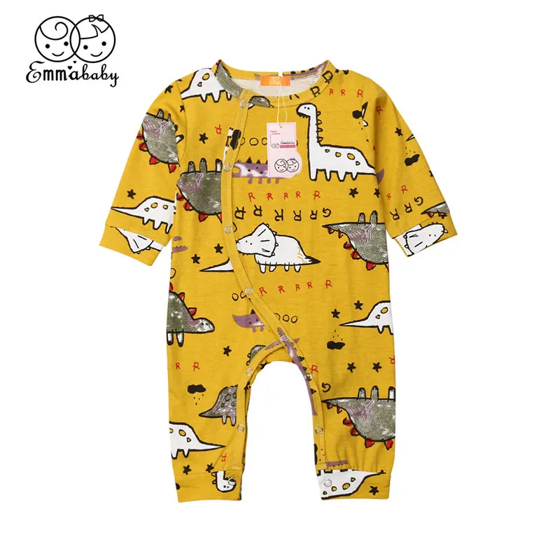 

Baby Cartoon Unisex Yellow Dinosaur Printed One-piece Romper Clothes Babies Boys Girls Long Sleeve Babygrows Jumpsuit Outfit