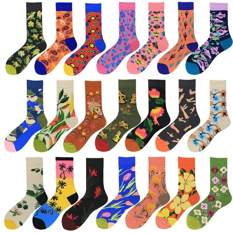 

PEONFLY 7pairs/lot Men Socks Cartoon Flower Grass Plants Colorful Korea Funny Happy Socks Skate Harajuku Kawaii New 2019 Sokken