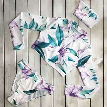 

Summer Swimwear Women Long Sleeve Zipper Tankinis Swimsuit Bikini Set Headband Sun Protect Bathing Suit 3Pcs Set S-XL