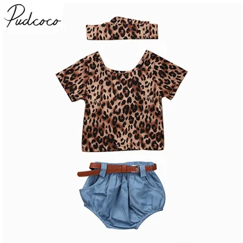 

PUDCOCO Brand Cotton 3pcs Newborn Baby Girls Leopard Short Sleeves T-Shirt Pants Headhand Clothes Set