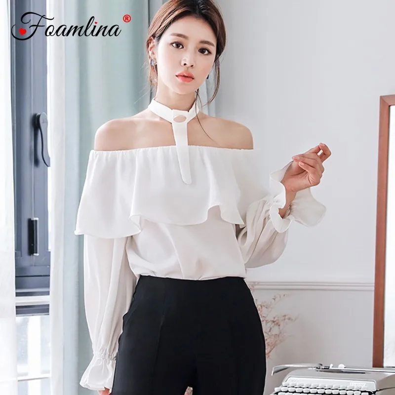 

Foamlina Sexy Women Blouse Off Shoulder Ruffles Long Sleeve Casual Shirt White Blue Black 3 Colors Autumn Club Wear Blouse Shirt