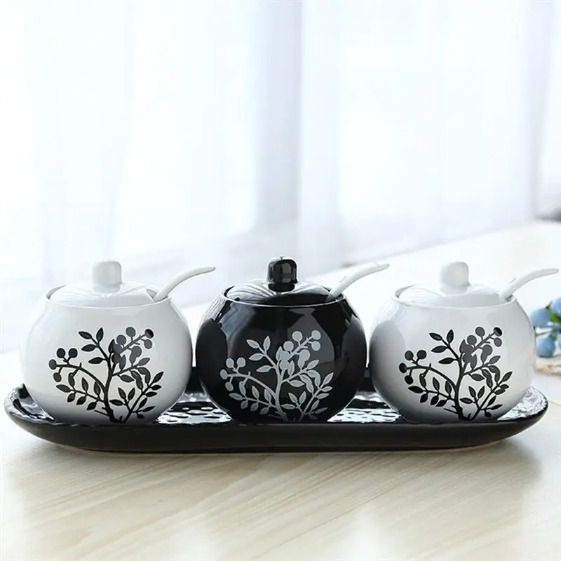 

Set of 3 Ceramic Food Storage Porcelain Condiment Container Spice Jar with Lids Serving Spoon and Tray for Home Kitchen