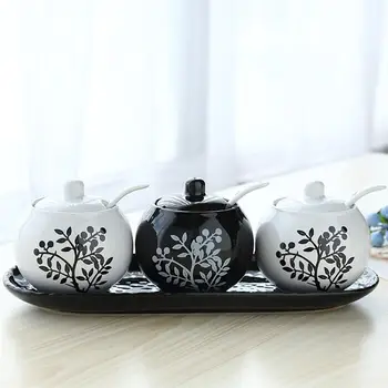 

Set of 3 Ceramic Food Storage Porcelain Condiment Container Spice Jar with Lids Serving Spoon and Tray for Home Kitchen