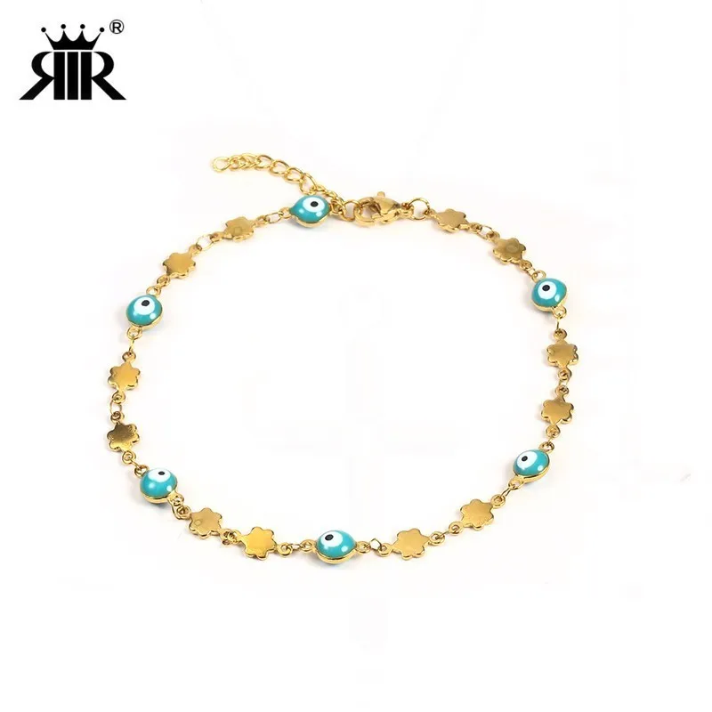 

RIR Gold Turkey Tiny Mini Evil Eye Stainless Steel Chain Link Beads Bracelet In Mixed Color Evil Eyes Protection For Her
