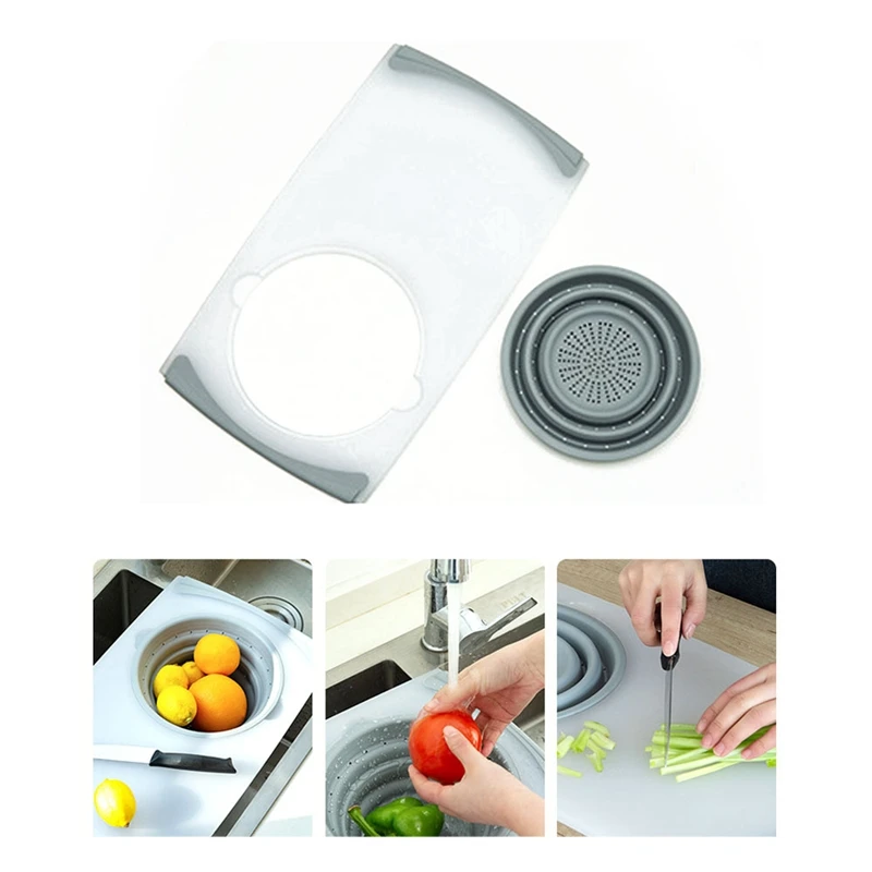 

3 In 1 Multi-Function Food Tray Sink Drain Basket Cutting Board Filter Chopping Blocks Meat Vegetable Fruit Basket Storage tools