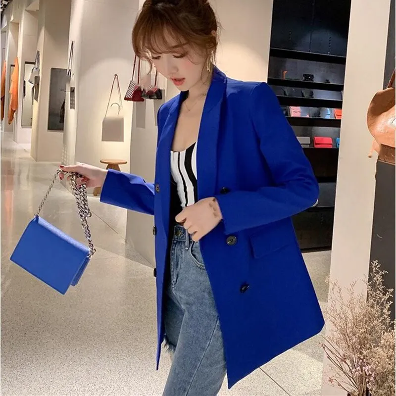 

Solid Long Style Blue Green Women Blazers And Jackets Female Notched Collar Chic Ladies Blazers Feminino