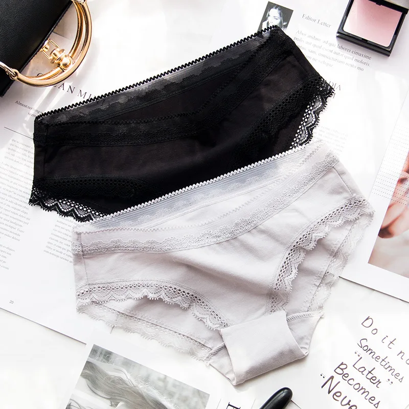 

Wasteheart Women Fashion Pink Gray Black Cotton Lace Low Waist Panties Underwear Underpant Women Briefs 3 Piece 3 Color One Size