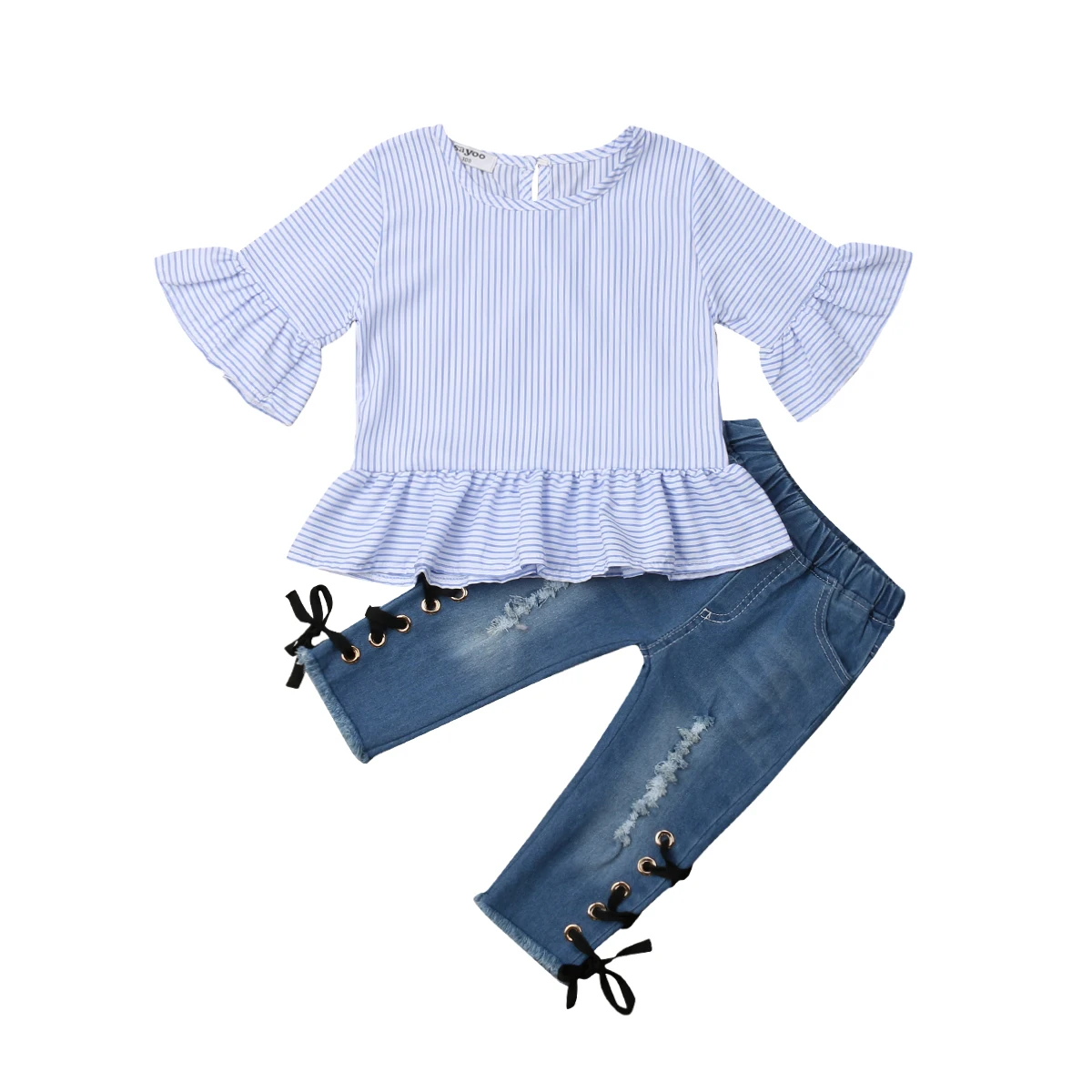 

New Arrivels Ripped 2PCS Kids Baby Girl Ruffle Stripe Tops Denim Pants Jeans Outfits Clothes 1-6Y