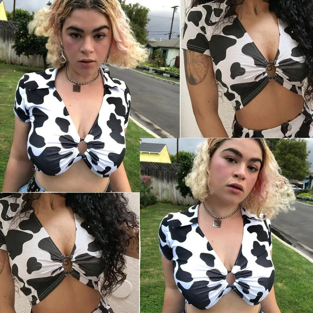 

2019 Newest Hot Fashion Sexy Women Summer Tops Short Sleeve Deep V Neck Cow Printed Casual Tops T-Shirt S-L Hot