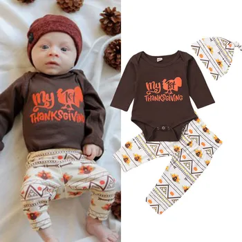 

Kids Clothes Cotton Cute Thanksgiving Toddler Infant Baby Print Romper +Pants+Hat Outfits Clothes Set Infant Clothing