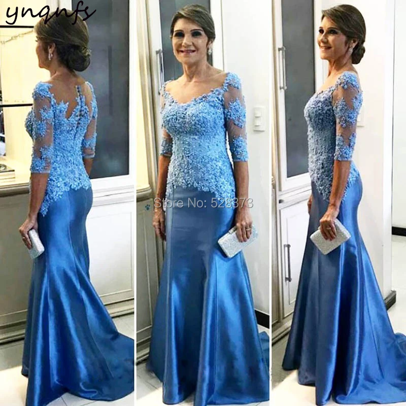 

YNQNFS M160 Royal Blue Dress Satin Lace Appliques Pearls Illusion Neck Mermaid Vestido de Festa Mother of the Bride Dresses 2019