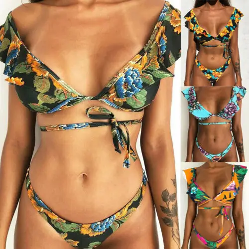 Летние женские цветочные бандажные бикини пуш-ап бюстгальтер купальник купальный пляжный купальник с принтом