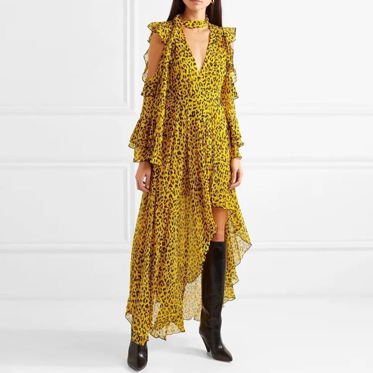 

[LIVIVIO] Leopard Female Dresses For Women Off Shoulder Long Sleeve Asymmetric Hem Backless Ruffle Dress Vintage Clothes Summer