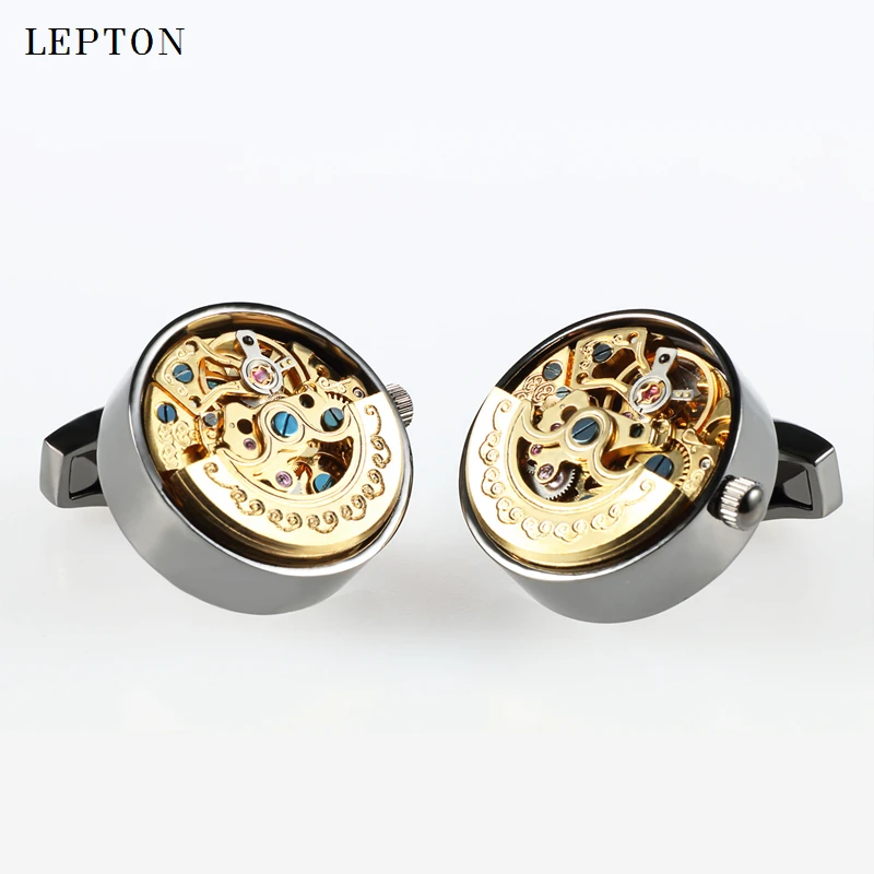 Low-key Luxury Functional Watch Movement Cufflinks Lepton Steampunk Gear Watch Mechanism Cuff links for Mens Wedding Gift