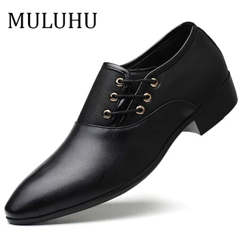 

MULUHU New Men Leather Shoes Flats Oxford Shoes Business Office Formal Wedding Pointed Lace Up Men Dress Leather Shoes