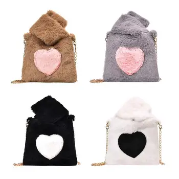 

Cute Plush Women Messenger Crossbody Bag Female Fashion Winter Handbag Chain Love Heart Shoulder Bags Bolsa Feminina