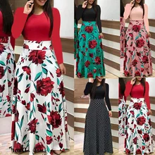 De las mujeres de la moda Maxi Floral vestido Vintage fiesta manga larga playa larga vestido de otoño invierno alta cintura Vestidos ropa
