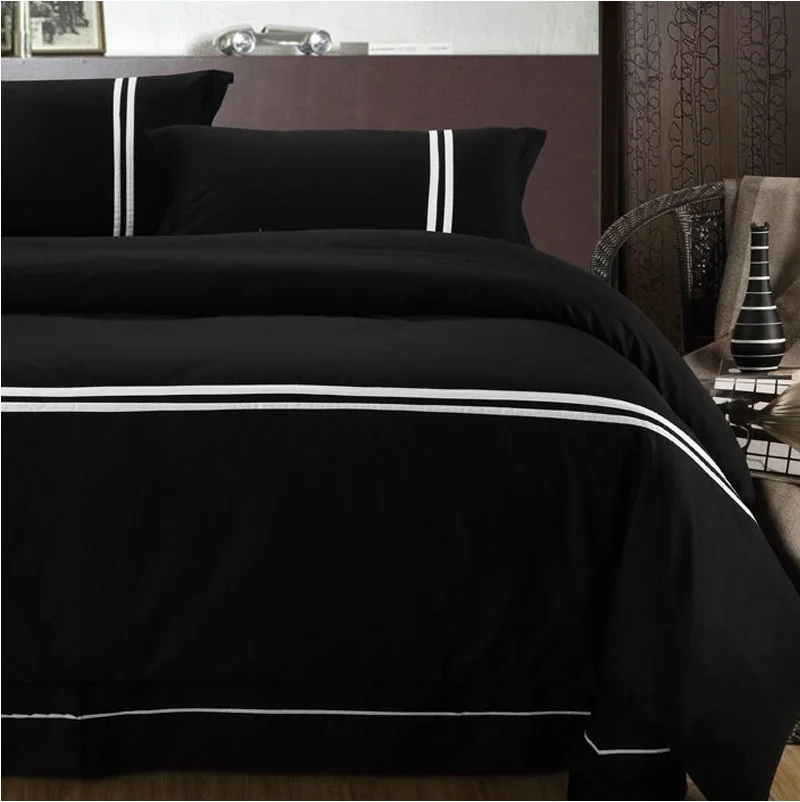 European Style Solid Black 100 Cotton Bedding Sets 4pcs 1 Duvet