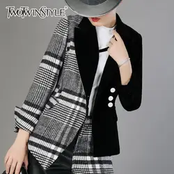 TWOTWINSTYLE велюр лоскутное шерсть Клетчатый блейзер пальто женский с длинным рукавом Асимметричный женские костюмы 2019 Весенняя модная одежда