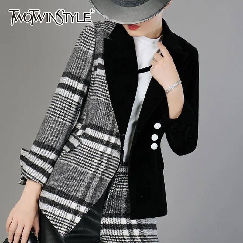 Ceny TWOTWINSTYLE welurowa wełna patchworkowa Plaid Blazer Coat kobieta z długim rękawem asymetryczne damskie garnitury 2019 wiosna modne ciuchy