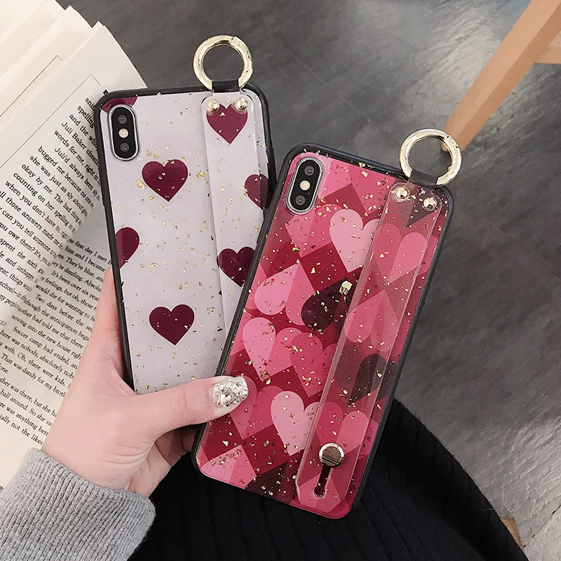 

Soft TPU Case For iphone X Xs max XR Cute Love Heart Foil Phone Holder Case Ring Grip Cover For iphone 7 8 6 6s plus Wristband