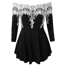 Lortalen плюс Размеры кружева Панель Off Плечо Peplum Футболка женская одежда футболка с вырезом лодочкой, длинный рукав, для девушек, топы, пуловеры, 5XL