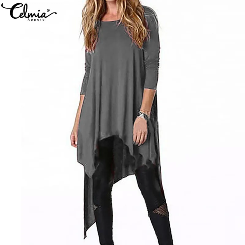 

Celmia Fashion Women Shirt Asymmetrical Hem Blouse Shirt 2019 New Autumn Solid Long Sleeve Sexy Femme Blusa Tunic Tops Plus Size