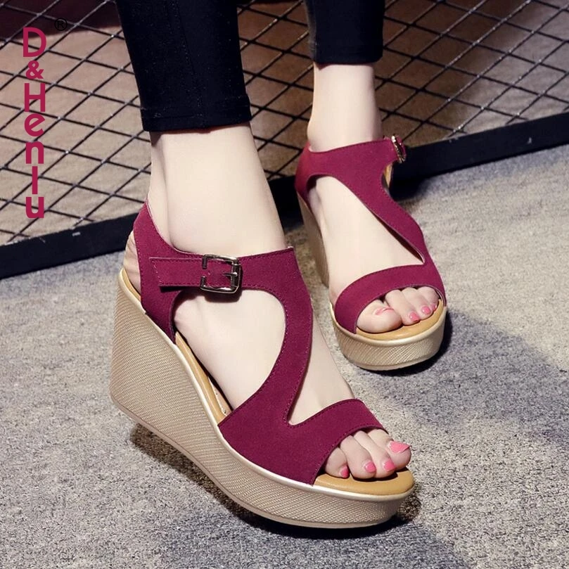 

D&Henlu Black Shoes For Women Heel Wedges Sandal Women Summer Shoes Leather Sandals Woman 2019 Plus Size Shoes Woman 41 42 43