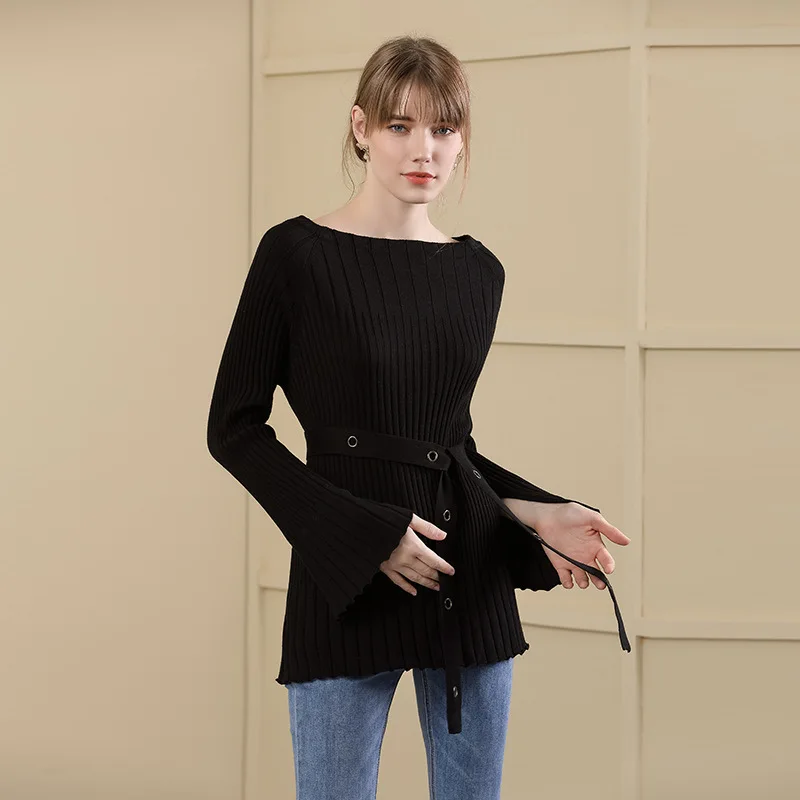 Women's new slash neck knitted tops solid color long-sleeved sweater flare sleeves long sweater women autumn and winter 18069 Women's new slash neck knitted tops solid color long-sleeved sweater flare sleeves long sweater women autumn and winter 18069