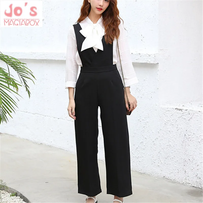 

2019 Korean Female Loose Rompers Womens Wide Leg Jumpsuit Overalls Office Lady High Waist Sleeveless Ankle-Length Elegant Pants