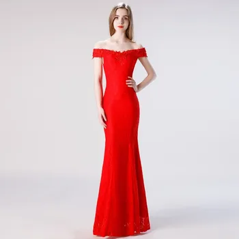 

Vivian's Bridal 2019 Simple Off Shoulder Women Mermaid Full Dress Sequin Lace Appliques Red Lace Dress Elegant Long Formal Dress