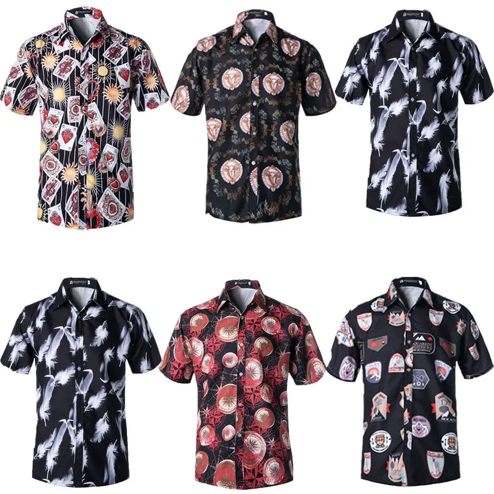 

2019 New Style Fashion Hot Men's Button Floral Print Shirts Tops Casual Short Sleeve Hawaiian Beach Shirt