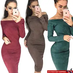 Для женщин с длинным рукавом Ribbed Bodycon платья с одно плечо Bardot Jumper платье дамы