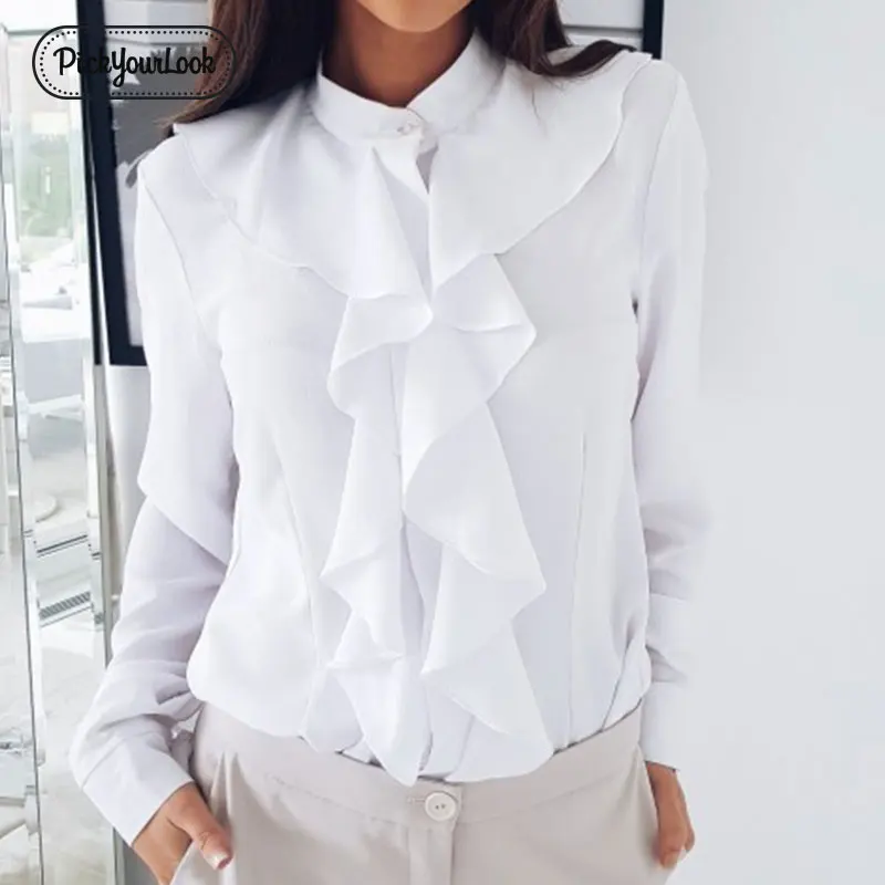 

Pickyourlook Office Women Blouses Shirt Long Sleeve Ruffle Button V Neck Lady Tops Blouses Autumn Solid Work Formal Business Top