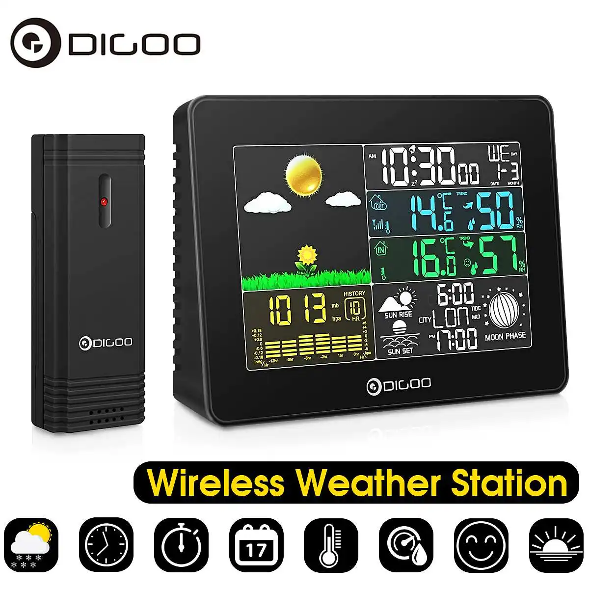 

Digoo Wireless Big Screen Colour Digital Outdoor Temperature Humidity Thermometer Hygrometer Weather Forecast Sensor Alarm Clock