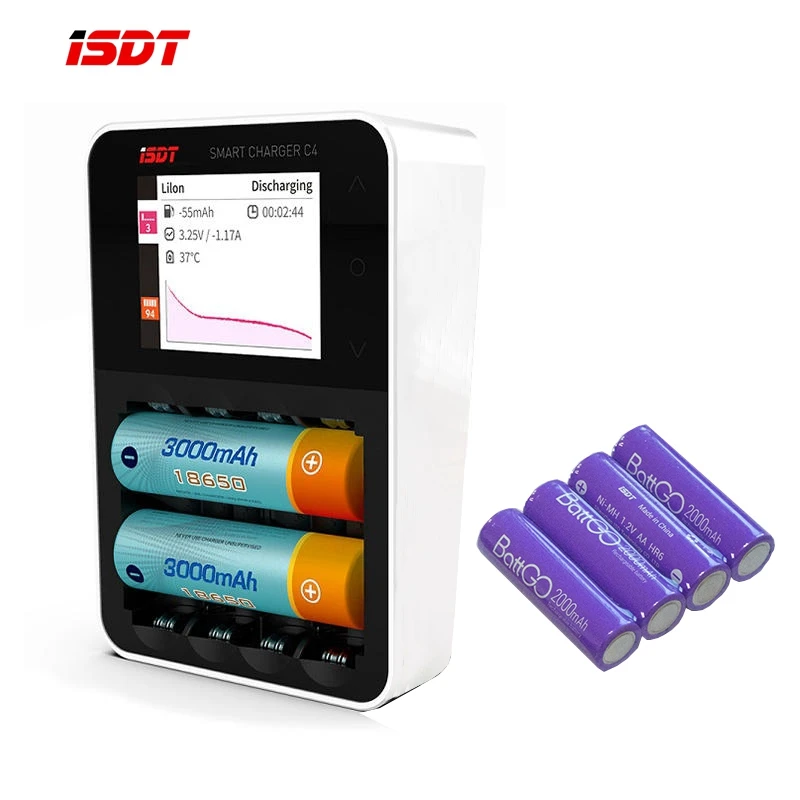

New ISDT C4 8A 12V-24V Smart Battery Charger LCD Screen Smart Battery Charger With 4 Slots /Pcs 2000mAh AA Rechargeable Battery
