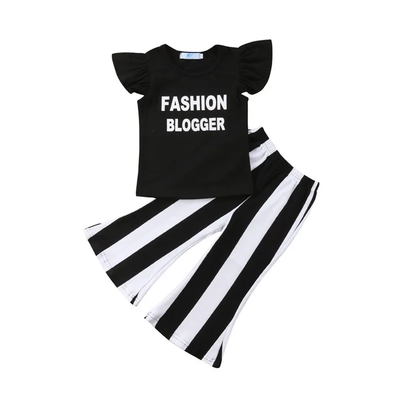 

1-6Y Toddler Kids Girl Summer Clothing Set Fly Sleeve Black T-shirt Tops+Striped Wide Leg Pant 2PCS Outfits Children Clothes
