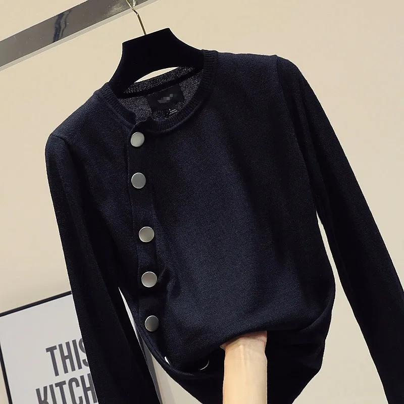 

Vintage buttons decoation knitted t shirt women long sleeve slim black tops 2019 spring and summer new arrivals S,M,L